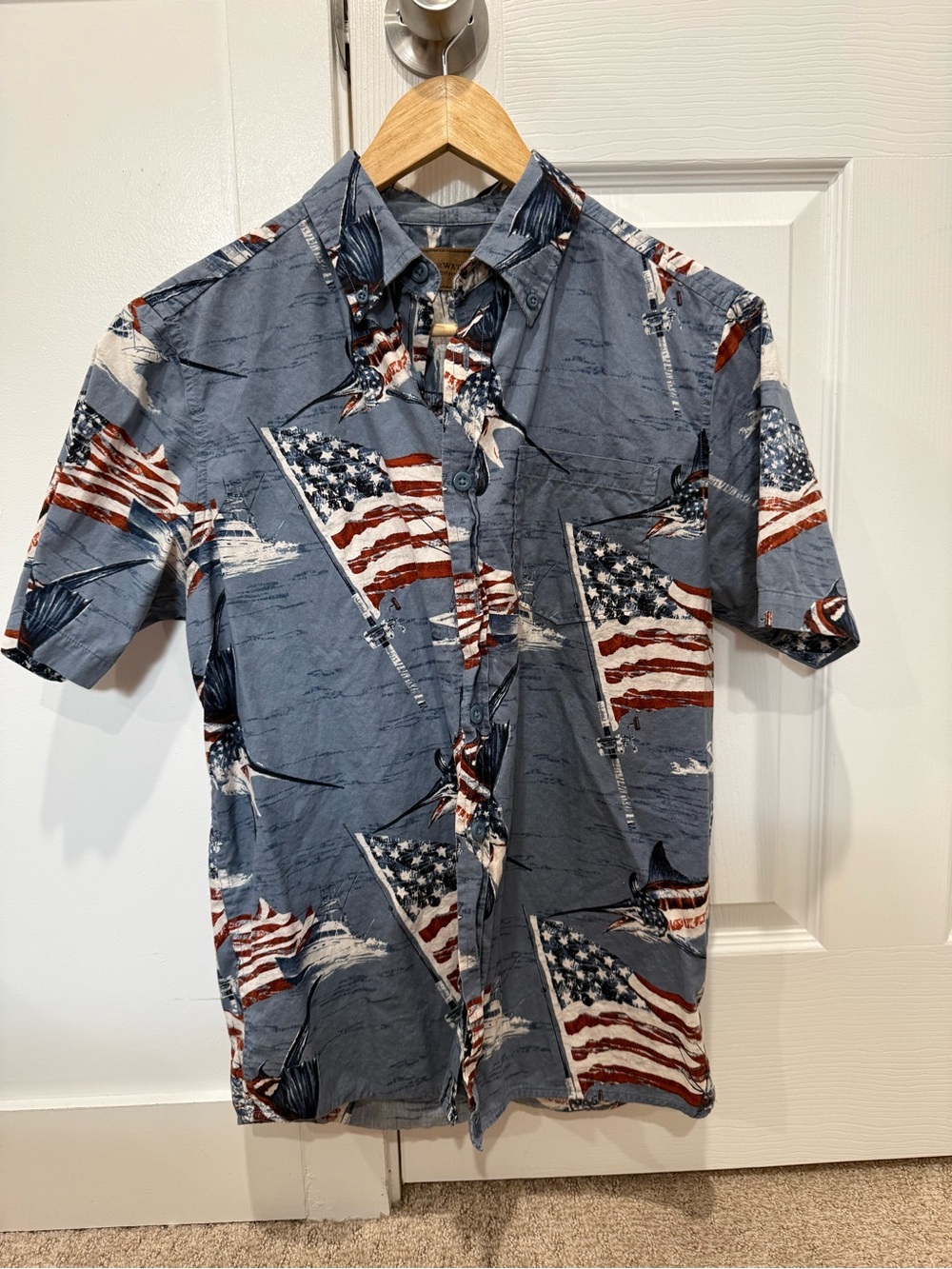 Men's Blue Short-Sleeve American Flag Button-Up Shirt